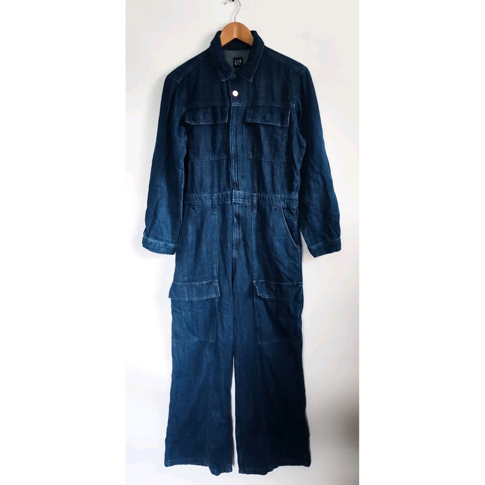 New Gap Jumpsuit Size 10 Denim Cargo Wide Leg Dark Blue Long Sleeve Full Zip NWT - Picture 6 of 16